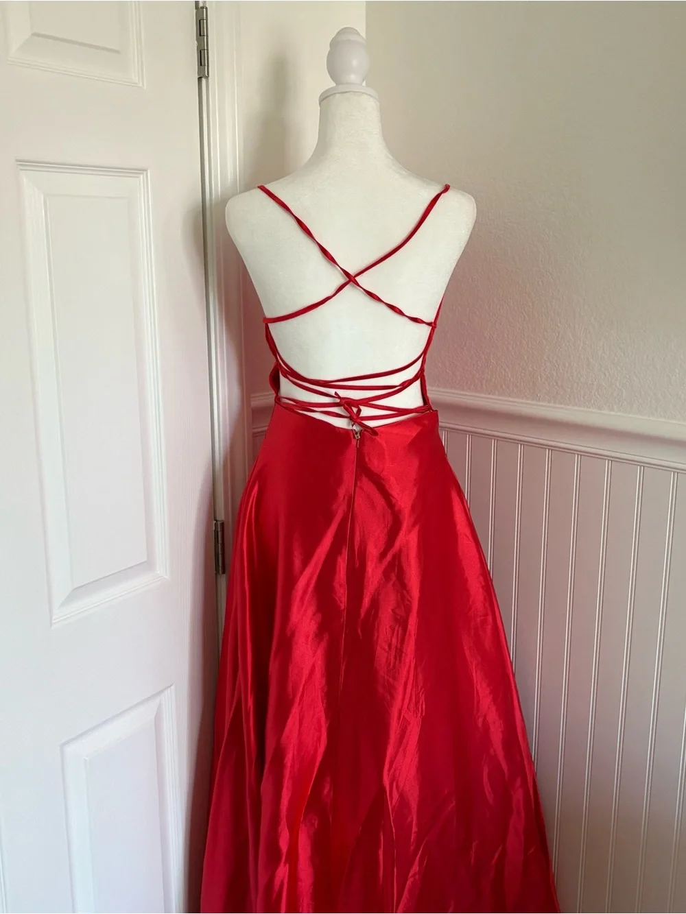 Red Satin A-Line Spaghetti Strap Evening Gown with Criss Cross Back - Picture 6 of 9